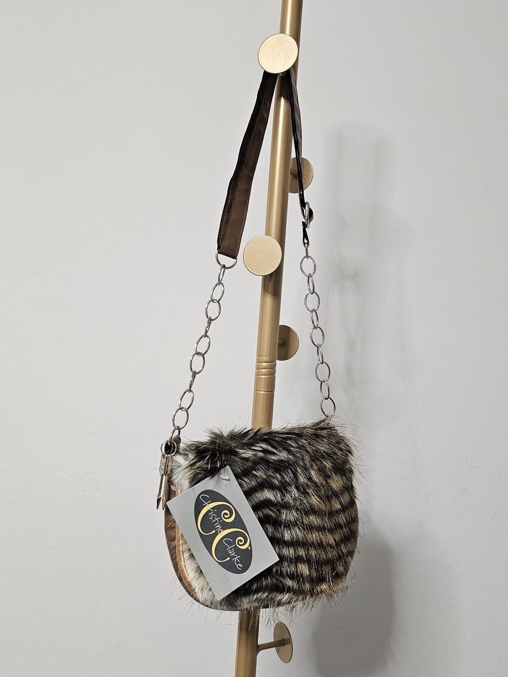 Christine Clarke Faux Fur Crossbody Bag Leopard Snow Owl Print Arrow Charm Boho